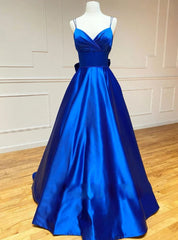 Royal Blue Satin Spaghetti Straps Prom Dresses