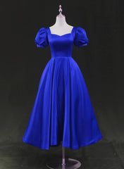 Royal Blue Satin Tea Length Wedding Party Dress, Blue Prom Homecoming Dress