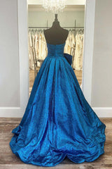 Royal Blue Strapless A-Line Long Prom Dresses With Bow