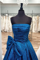 Royal Blue Strapless A-Line Long Prom Dresses With Bow