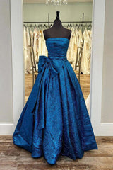 Royal Blue Strapless A-Line Long Prom Dresses With Bow