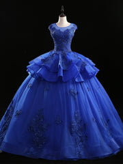 Royal Blue Tulle Appliques Beading Quinceanera Dresses