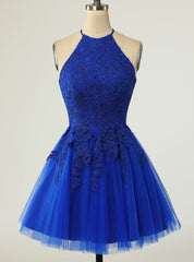 Royal Blue Tulle Halter Backless Appliques Homecoming Dresses