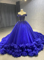 Royal Blue Tulle Off the Shoulder Beading Prom Dresses