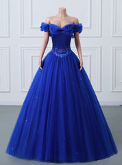 Royal Blue Tulle Off the Shoulder Beading Quinceanera Dresses