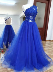 Royal Blue Tulle One Shoulder Appliques Prom Dresses