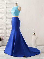 Royal Blue Two Pieces Satin Long Prom Dress, Blue Evening Dress