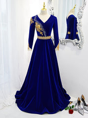 Royal Blue V-neck Long Sleeve Appliques Beading Prom Dresses