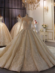 Royal Retro Princess Sequins Appliques Long Sleeve Wedding Dresses