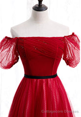 Red Tulle Long Prom Dresses, A-Line Off the Shoulder Evening Dresses