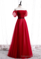 Red Tulle Long Prom Dresses, A-Line Off the Shoulder Evening Dresses