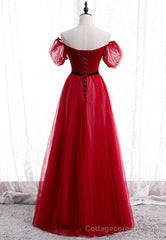 Red Tulle Long Prom Dresses, A-Line Off the Shoulder Evening Dresses