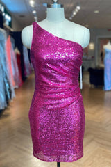 Fuchsia Sequins Sheath One Shoulder Homecoming Dresses