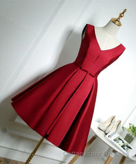 Simple Burgundy Satin V Neck Short Prom Dress, Evening Dress