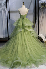 Sage Green Corset Long Prom Dress, Long Green Tulle Party Dress Evening Dresses