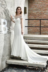 Satin Beaded Boat Neck Cap Sleeve Mermaid Wedding Dresses