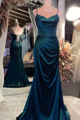 Satin Beaded V Neck Lace-Up Back Mermaid Long Formal Dresses Maxi Event Dresses