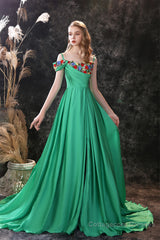 Satin Floral Applique High Split A Line Court Train Prom Dresses