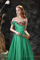 Satin Floral Applique High Split A Line Court Train Prom Dresses