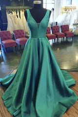 Satin Green Prom Dresses,Long Evening Dresses,Birthday Party Gown Long, V Neck Back to School