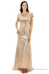 Scoop Backless Floor-length Sparkle Sequins Champagne Prom Dresses