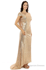 Scoop Backless Floor-length Sparkle Sequins Champagne Prom Dresses