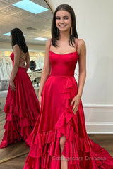 Scoop Neck A Line Lace-Up Ruffle Tiered Red Prom Dress with Slit