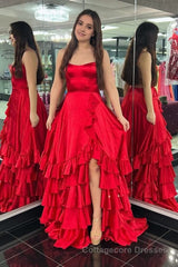 Scoop Neck A Line Lace-Up Ruffle Tiered Red Prom Dress with Slit