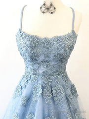 Scoop Neck Light Blue Backless Lace Prom Dresses, Scoop Neck Blue Lace Formal Evening Dresses