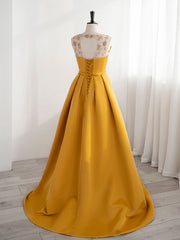 Scoop Neckline Satin Yellow Long Prom Dresses, Yellow Formal with Beading Sequin