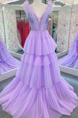 Sequin Top Lavender Tiered Tulle Long Formal Dresses