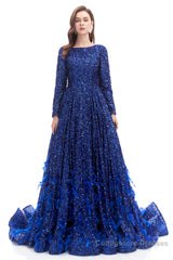 Sequins Long Sleeve Feather A-line Floor Length Prom Dresses