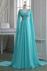 Sequins Ruched V Neck Empire Prom Dresses, Turquoise Floor Length Sweep Train Prom Dresses, Unique Lace-up Long Chiffon Prom Dresses