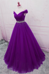 Sequins Sweetheart Long Party Dresses, Purple Tulle Evening Gown