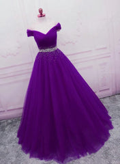 Sequins Sweetheart Long Party Dresses, Purple Tulle Evening Gown