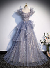 Sequins Tulle Puff Sleeve Beading Prom Dresses