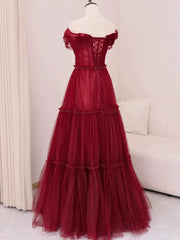 Sexy A Line Off The Shoulder Burgundy Tulle Floor Length Evening Dresses Prom Dresses