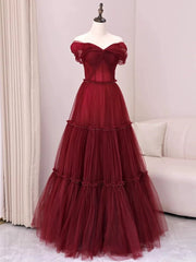 Sexy A Line Off The Shoulder Burgundy Tulle Floor Length Evening Dresses Prom Dresses