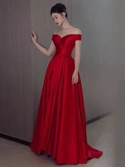 Sexy A Line Off The Shoulder Satin Red Floor Length Evening Dresses Prom Dresses