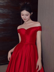 Sexy A Line Off The Shoulder Satin Red Floor Length Evening Dresses Prom Dresses