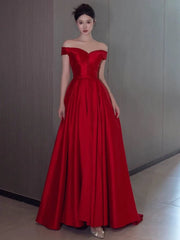 Sexy A Line Off The Shoulder Satin Red Floor Length Evening Dresses Prom Dresses