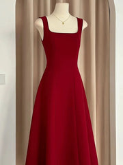 Sexy A Line Square Neckline Red Satin Ankle Length Evening Dresses Prom Dresses