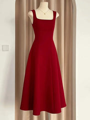 Sexy A Line Square Neckline Red Satin Ankle Length Evening Dresses Prom Dresses