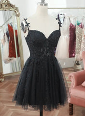 Black V Neck Beaded Tulle and Lace Prom Dresses, Cute Black Homecoming Dresses