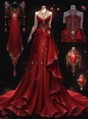 Sexy A Line Sweetheart Chiffon Red Floor Length Evening Dresses Prom Dresses With Beads