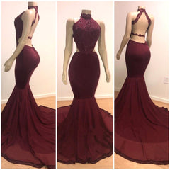 Sexy Backless Halter Mermaid Prom Dresses Burgundy Long Chiffon Backless