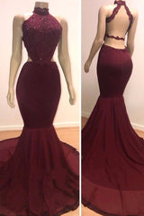 Sexy Backless Halter Mermaid Prom Dresses Burgundy Long Chiffon Backless