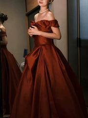 Sexy Ball Gown Off The Shoulder Satin Rust Red Floor Length Evening Dresses Prom Dresses