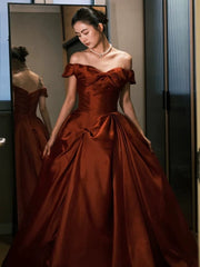 Sexy Ball Gown Off The Shoulder Satin Rust Red Floor Length Evening Dresses Prom Dresses