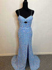 Sexy Blue Mermaid Sequins Spaghetti Straps prom Dresses